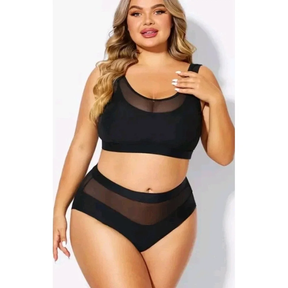 NWT MeetCurve‎ M Black Mesh Bikini Botton Double Mesh Swim High Waisted Pool